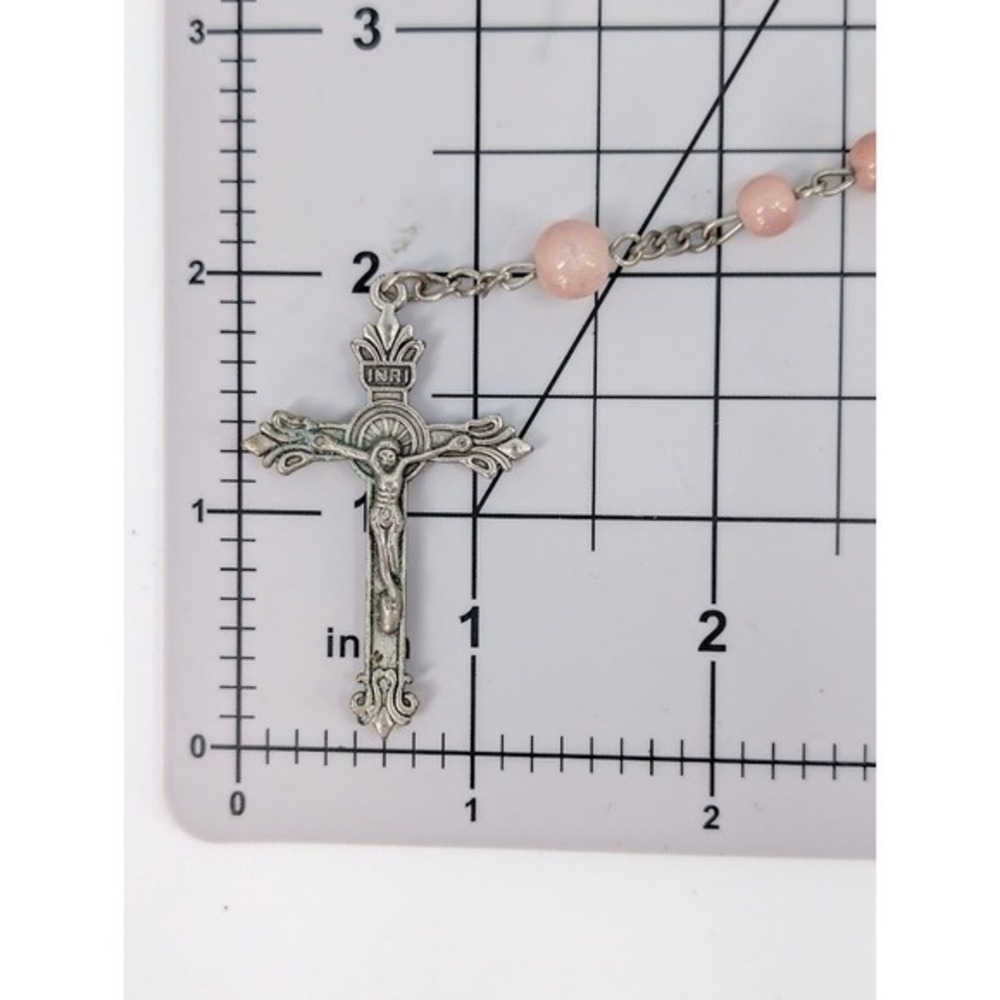 VTG Pink Bead Rosary Miraculous Medal Virgin Mary Silver Tone Crucifix Necklace - Picture 6 of 11